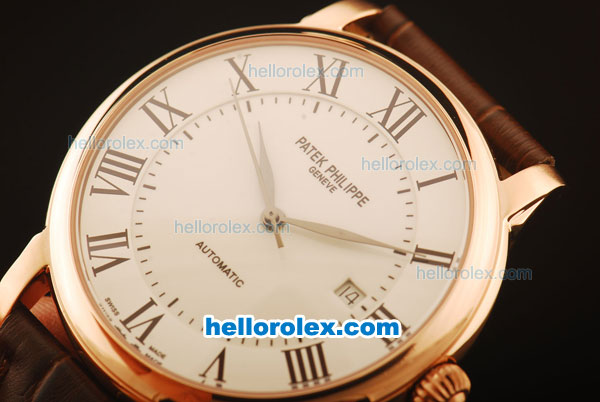 Patek Philippe Calatrava Swiss ETA 2824 Automatic Rose Gold Case with White Dial and Brown Leather Strap - Click Image to Close